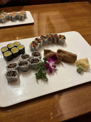 My yummy vegan sushi platter. Pictured are: Oshinko Roll, Shiitake Mushroom Roll, Sweet Potato Roll, and Inari Sushi!  at Mojo in Lititz
