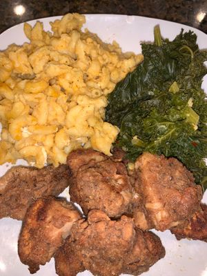 Jackfruit southern plate with vegan Mac, and southern kale greens. at The Alkaline Electric Goddess in Indianapolis