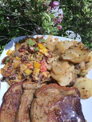 Alkaline French toast with alkaline scramble and smoothed potatoes. at The Alkaline Electric Goddess in Indianapolis