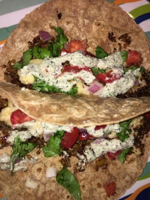 Alkaline walnut meat with romaine, roma tomatoes and sour cream . at The Alkaline Electric Goddess in Indianapolis