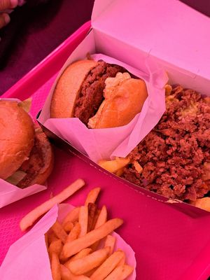 Mac n cheese burger and chicken burger.  Fox fries. With meat and cheese at VEGAN FOX in Buenos Aires