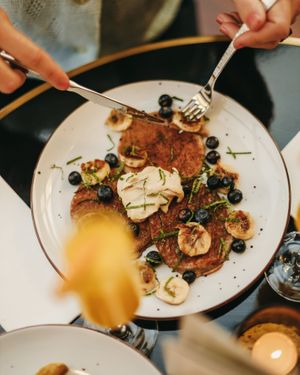Almond milk and buckwheat pancakes (vegan / gluten free) at Thibeau in Nijmegen