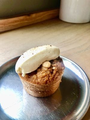 Peach crumble muffin   at Pollen Bakery in Manchester