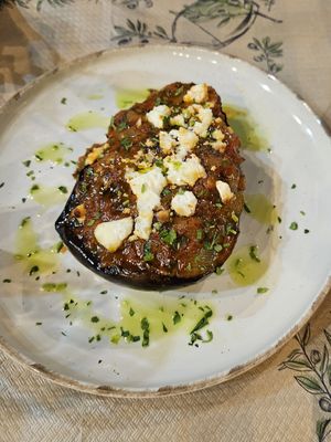 Imam Baylidi (stuffed eggplant with vegan Feta) at Trilogia in Rhodes