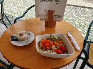 Quinnoa salad and soya capuccino at In Certo Cafe in Albufeira