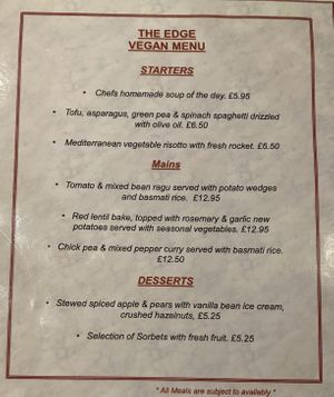 Lovely meal with separate vegan menu.  Everything was tasty and very hot, which we love as we can't stand luke warm food.  at The Edge in Whitby