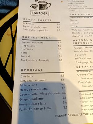 Coffee menu at Tartoer in Antwerpen