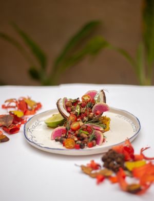 Vegan Portobello Ceviche 
Onion, coriander, cherry tomato, oregano, pepper, mounted on golden beet and coconut, accompanied by watermelon radish, serrano peppers
Accompanied wit at Prana Café in Cancun