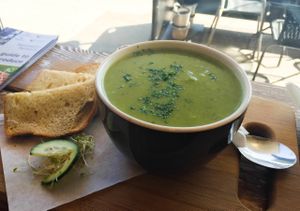 Broccoli and potato soup at Aum Shanti Vegetarian Cafe and Gallery in Frankston