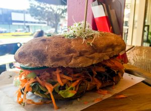 Chickpea burger at Aum Shanti Vegetarian Cafe and Gallery in Frankston