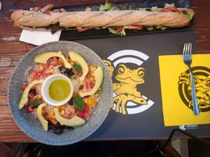 Quinoa salad and big vegan Bocadillo at Croak's in Roses