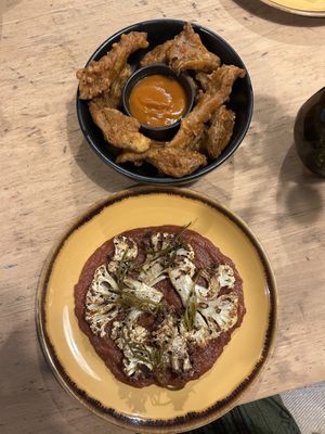 oyster mushrooms with bloody mary ketchup (vg) and cauliflower with carrot puree (vg)  at Really Wild Emporium in Haverfordwest