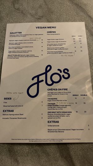 Current menu  at Flo's Crêperie in Noosa Heads
