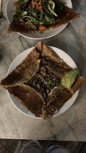 Spinach,  Vegan cheese, mushrooms & avocado Galette  at Flo's Crêperie in Noosa Heads