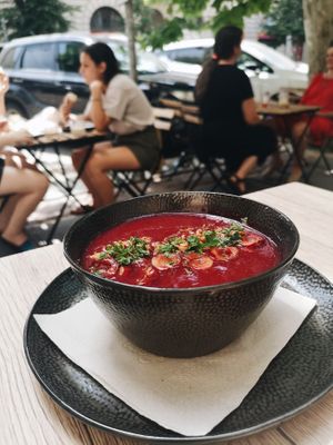 Sour cherry soup with juniper almond brittle /vegan/ at Linka in Budapest