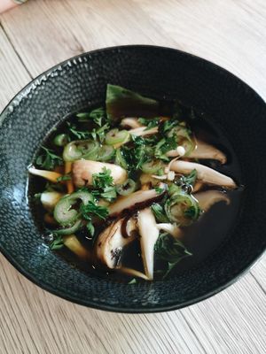 Mushroom consommé with fresh herbs and 3 kinds of mushrooms /vegan/ at Linka in Budapest