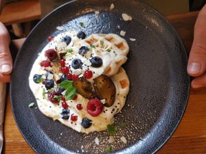Vegan Waffles with vegan Joghurt Foam at Linka in Budapest