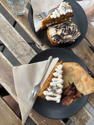 Carrot cake, banana bread (chocolate orange) and berry galette   at Linka in Budapest
