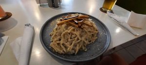 Vegan carbonara at BUNT Bistro in Cluj-napoca