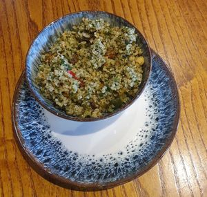 WARM TABBOULEH SALAD (ve) Bulgur wheat, chickpeas, raisins, herbs and vegetables with a pineapple and maple dressing at Morning Star in Swinton