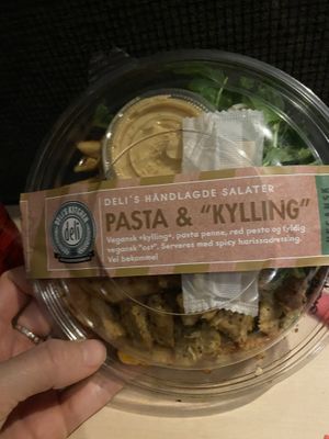 Pasta salad with red pesto and vegan chicken   at Veggie De Luca in Oslo