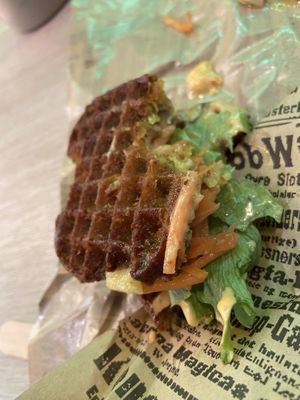 “Favaffel” - cross between a waffle and falafel.   at Veggie De Luca in Oslo