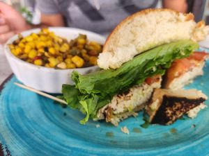 Veggie sandwich and street corn at The Sandbar Beach Eats in Hilton Head Island