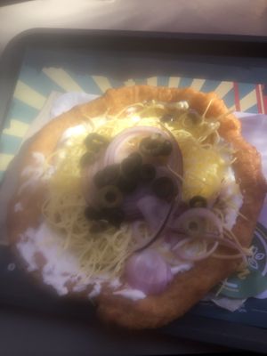 Langos with optional olives and red onions  at Retró Lángos Budapest in Budapest