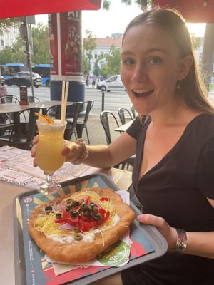 The vegetarian langos with vegan cheese and vegan sour cream! Plus a pina colada without the cream! Yummmm  at Retró Lángos Budapest in Budapest