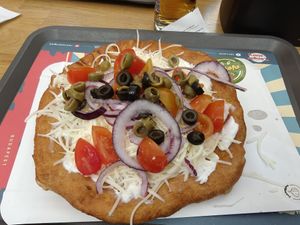 Vegan langos with vegetables at Retró Lángos Budapest in Budapest
