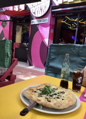 Tartufi e Funghi and the view from the terrace at Freedom Pizza in Madrid