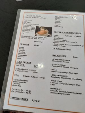 Drink Menu 9.12.22 - price increases at Somewhere Over Coffee in Rainbow Beach