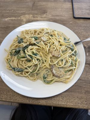 Lion Mane Alfredo Pasta  at Meek's Vegan Pizza in Houston