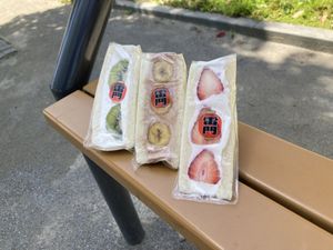 Enjoyed at the nearby riverside park  at Hatoya's Vegan Fruit Sandwiches in Tokyo