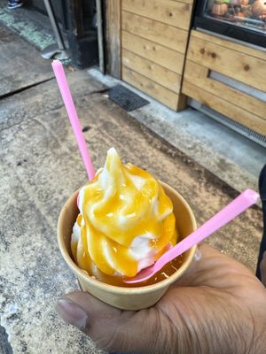 Vegan soft serve with mango sauce   at Hatoya's Vegan Fruit Sandwiches in Tokyo
