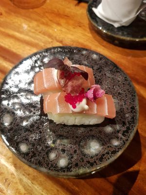 Vegan salmon nigiri at Beau Street Food in Wageningen