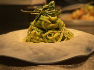Tagliolini al pesto d‘aglio orsino di Gordevio  at Isolino Ristorante Wine Bar in Locarno