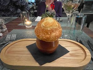 Vegetarian Onion-soup with Pastry puff at Isolino Ristorante Wine Bar in Locarno