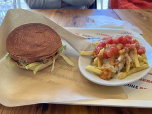 Buffalo soy chicken burger and jungle fries  at Righteous Burger in Tokyo
