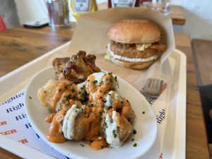 Soy chicken burger and deep-fried mushrooms  at Righteous Burger in Tokyo