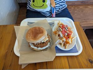 Soy chicken burger. Jungle fries. at Righteous Burger in Tokyo