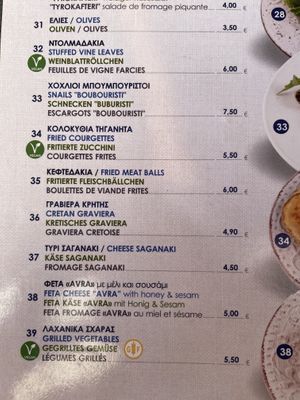 Labeled vegan options at Avra Cafe Bar & Food in Crete