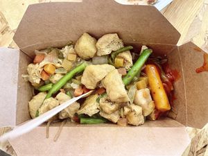 Vegan tofu curry on top of jap chae + vegan rice sticks at Kim's Korean Food Fusion in East London