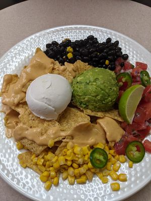 Vegan nachos w guac and sour cream at Vegan Eats and Treats Cafe in Glen Rock