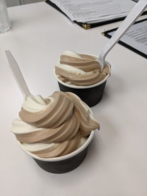 Vegan soft serve flavors: Chocolate, vanilla or swirl at Vegan Eats and Treats Cafe in Glen Rock
