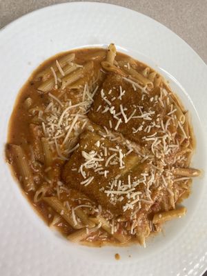 Penne alla vodka with crispy tofu  at Vegan Eats and Treats Cafe in Glen Rock