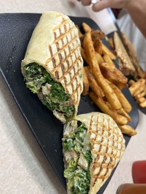 Chikin ceasar wrap and fries  at Vegan Eats and Treats Cafe in Glen Rock