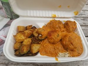 Kofta, rice, crispy potatoes 
(From Kalachandji's inside UT Arlington in the University Center market) at Kalachandji's in Dallas