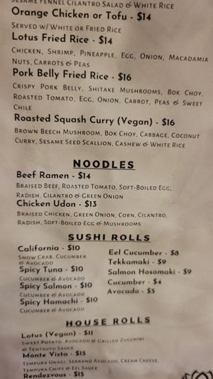 Menu and vegan options at Lotus Lounge in Flagstaff