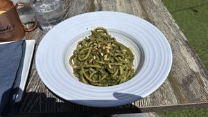 Vegan pesto bucatini   at Garage Buona Forchetta in Coronado